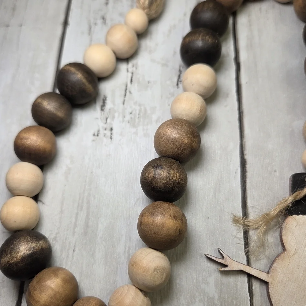 Hand Painted Wooden Bead Garland with Snowman Pendant